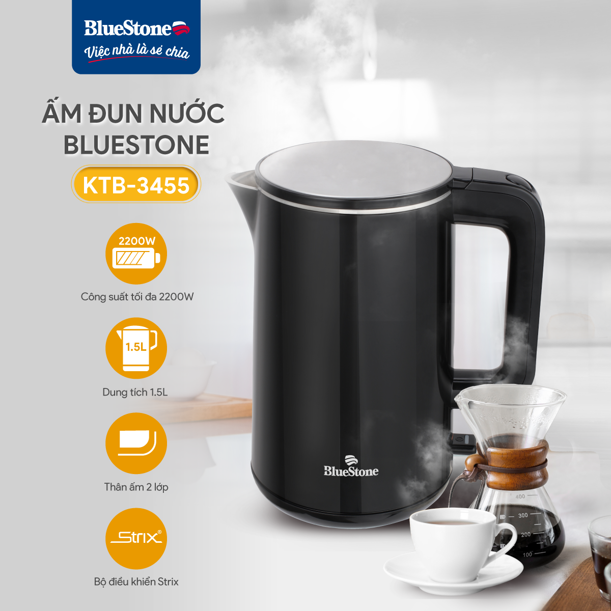 Ấm Đun Siêu Tốc BlueStone KTB-3455 1.5 Lít 1850-2200W