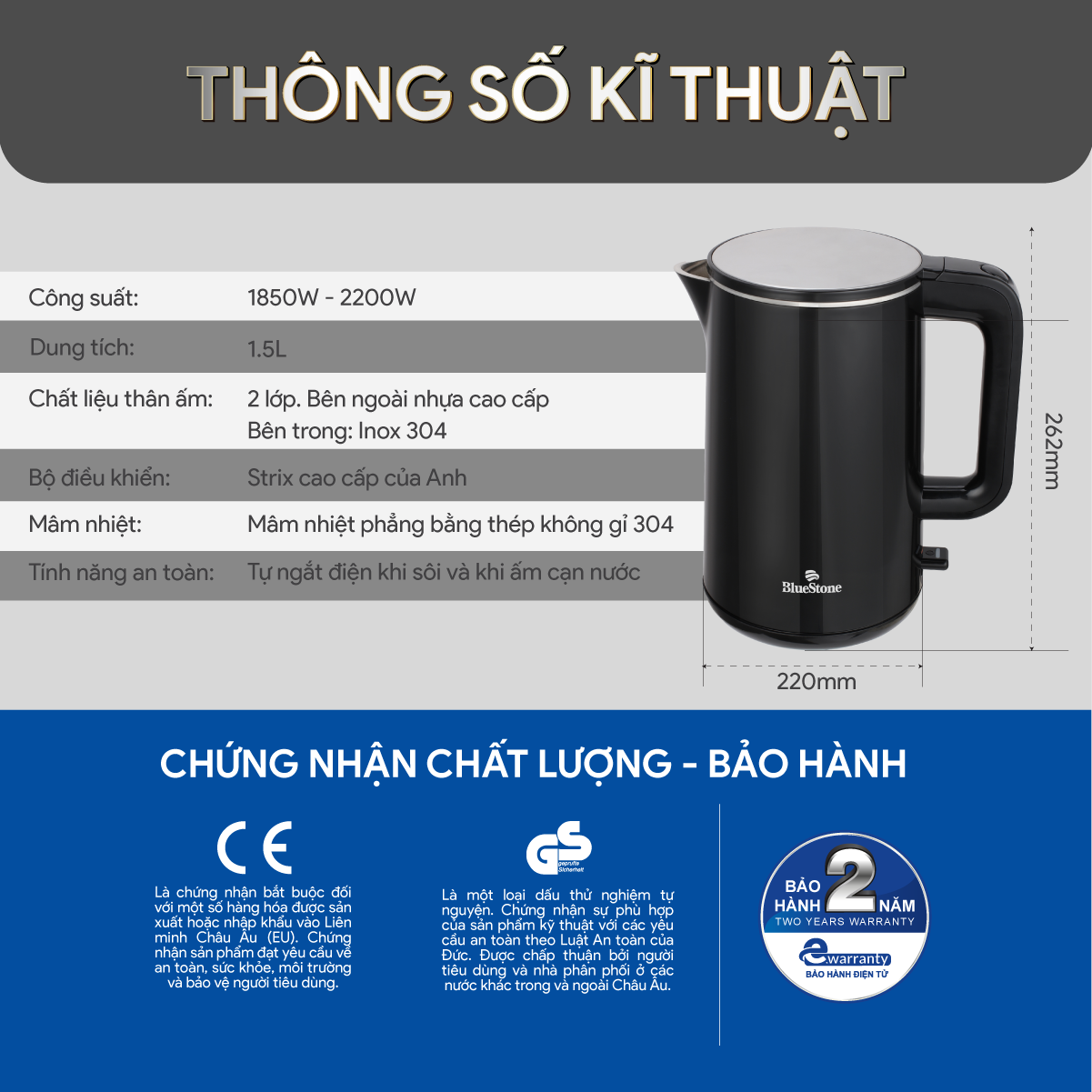 Ấm Đun Siêu Tốc BlueStone KTB-3455 1.5 Lít 1850-2200W