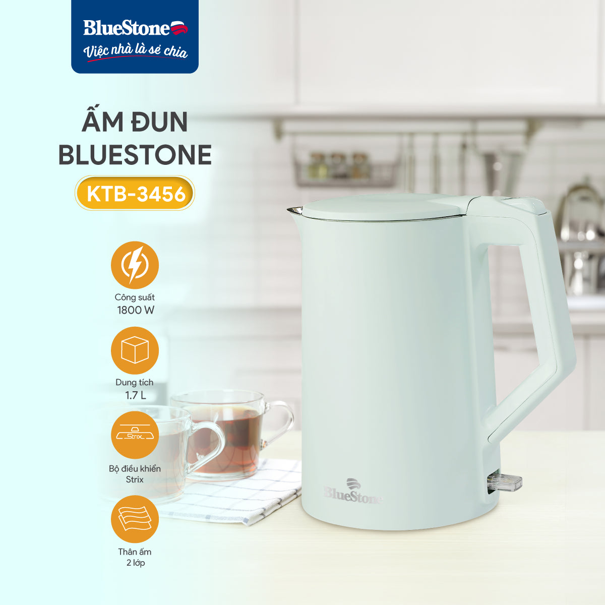 Ấm Đun Siêu Tốc BlueStone KTB-3456 1.7 Lít 1800W
