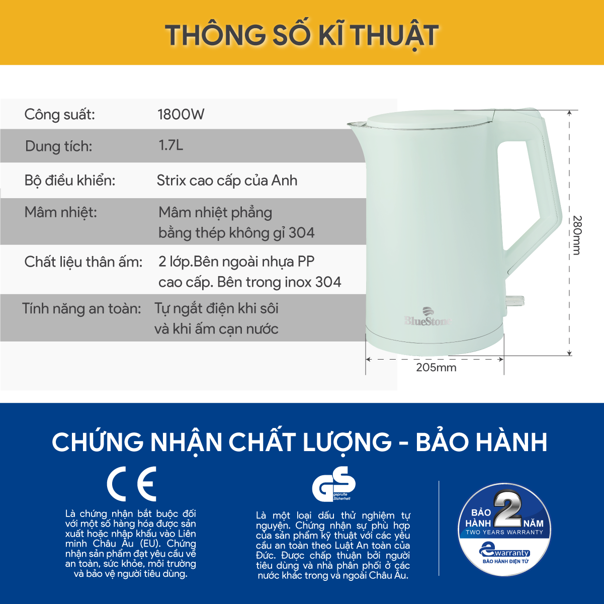 Ấm Đun Siêu Tốc BlueStone KTB-3456 1.7 Lít 1800W