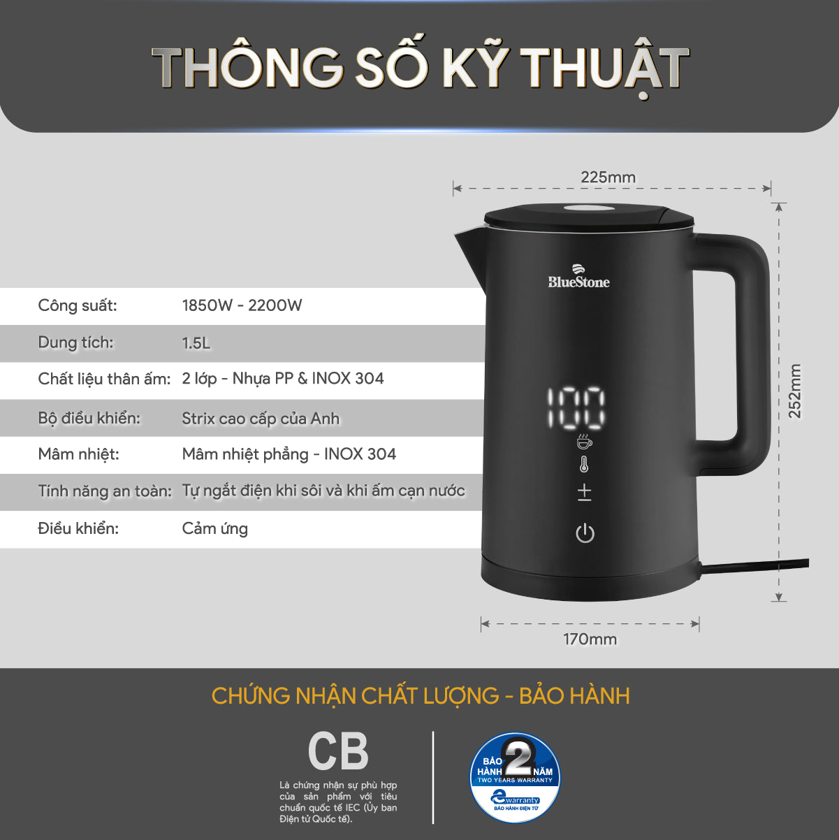 Ấm Đun Siêu Tốc BlueStone KTB-3466 1.5 Lít 2200W
