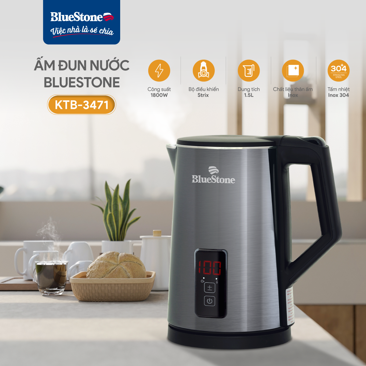Ấm Đun Siêu Tốc BlueStone KTB-3471 1.5 Lít 1800W