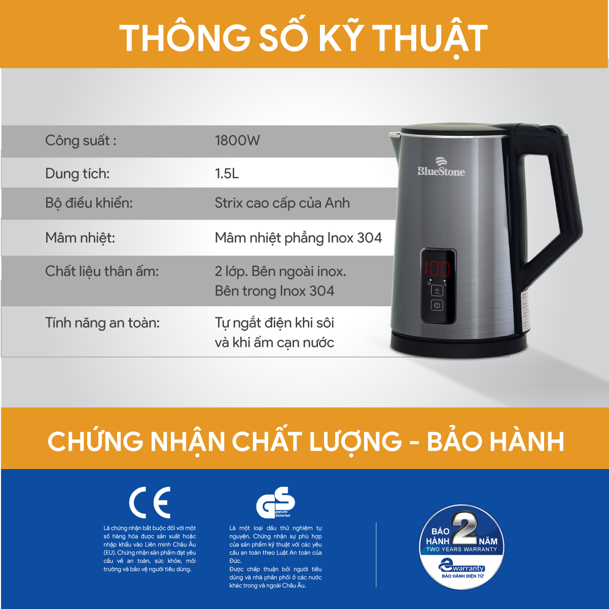 Ấm Đun Siêu Tốc BlueStone KTB-3471 1.5 Lít 1800W
