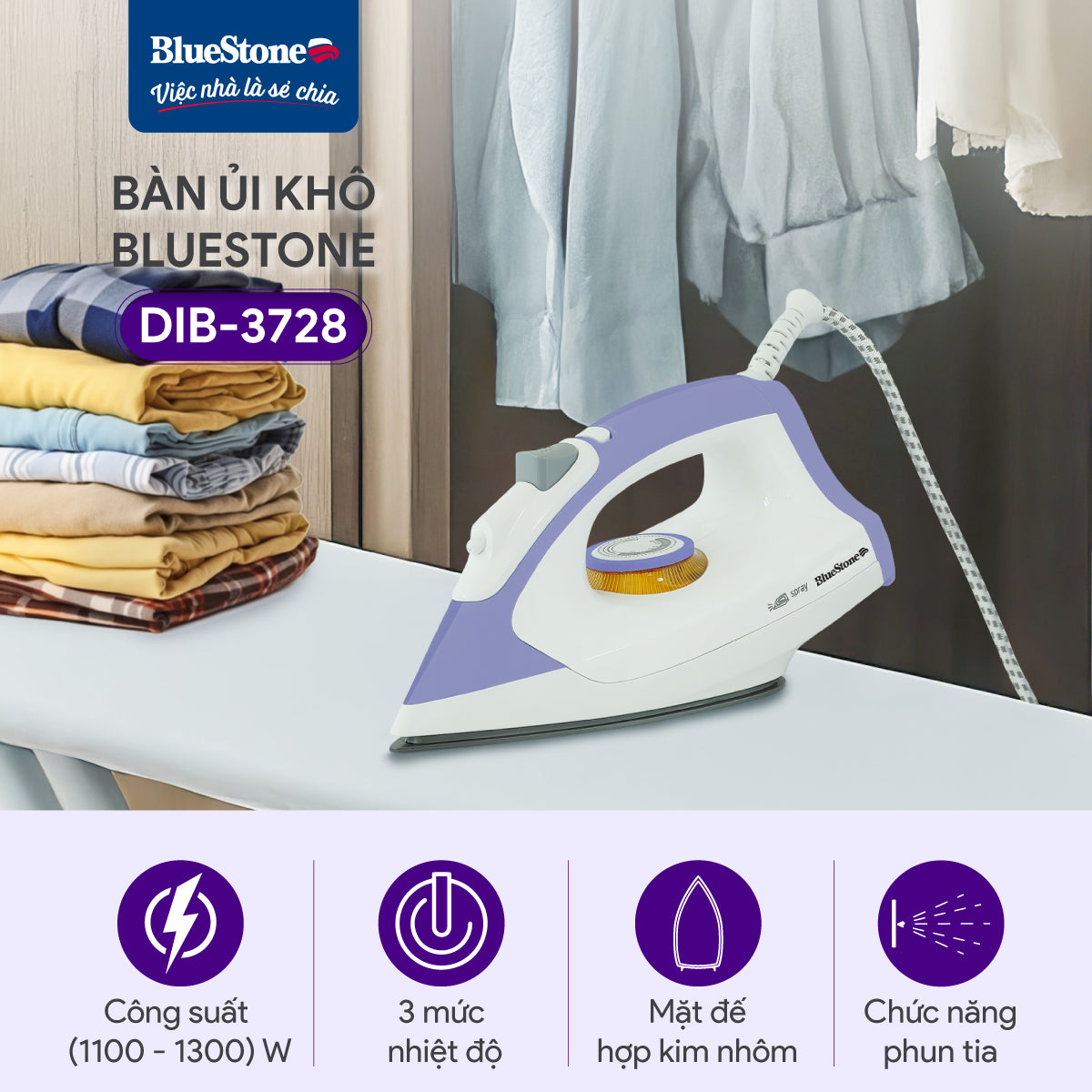 Bàn Ủi Khô BlueStone DIB-3728 1100-1300W
