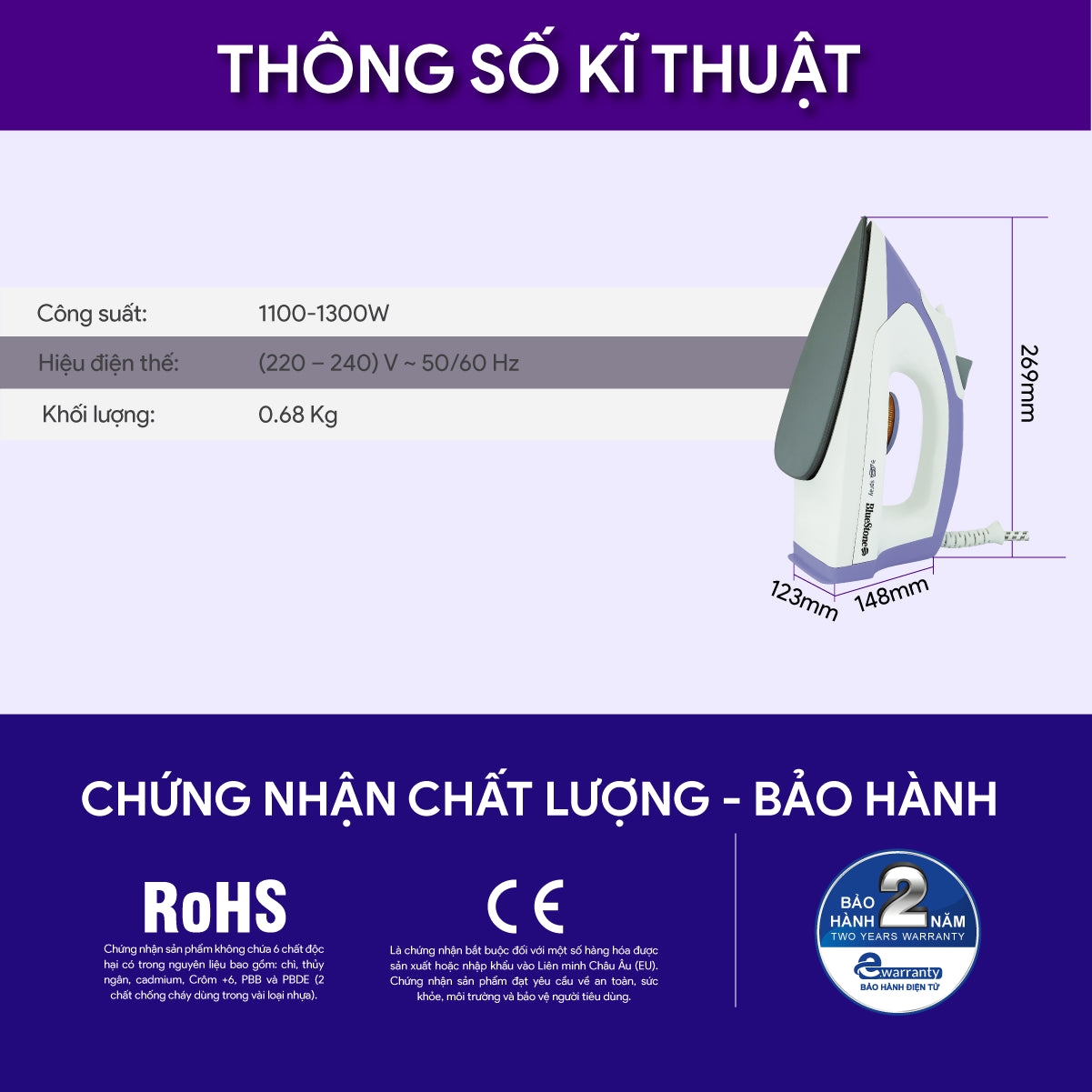 Bàn Ủi Khô BlueStone DIB-3728 1100-1300W