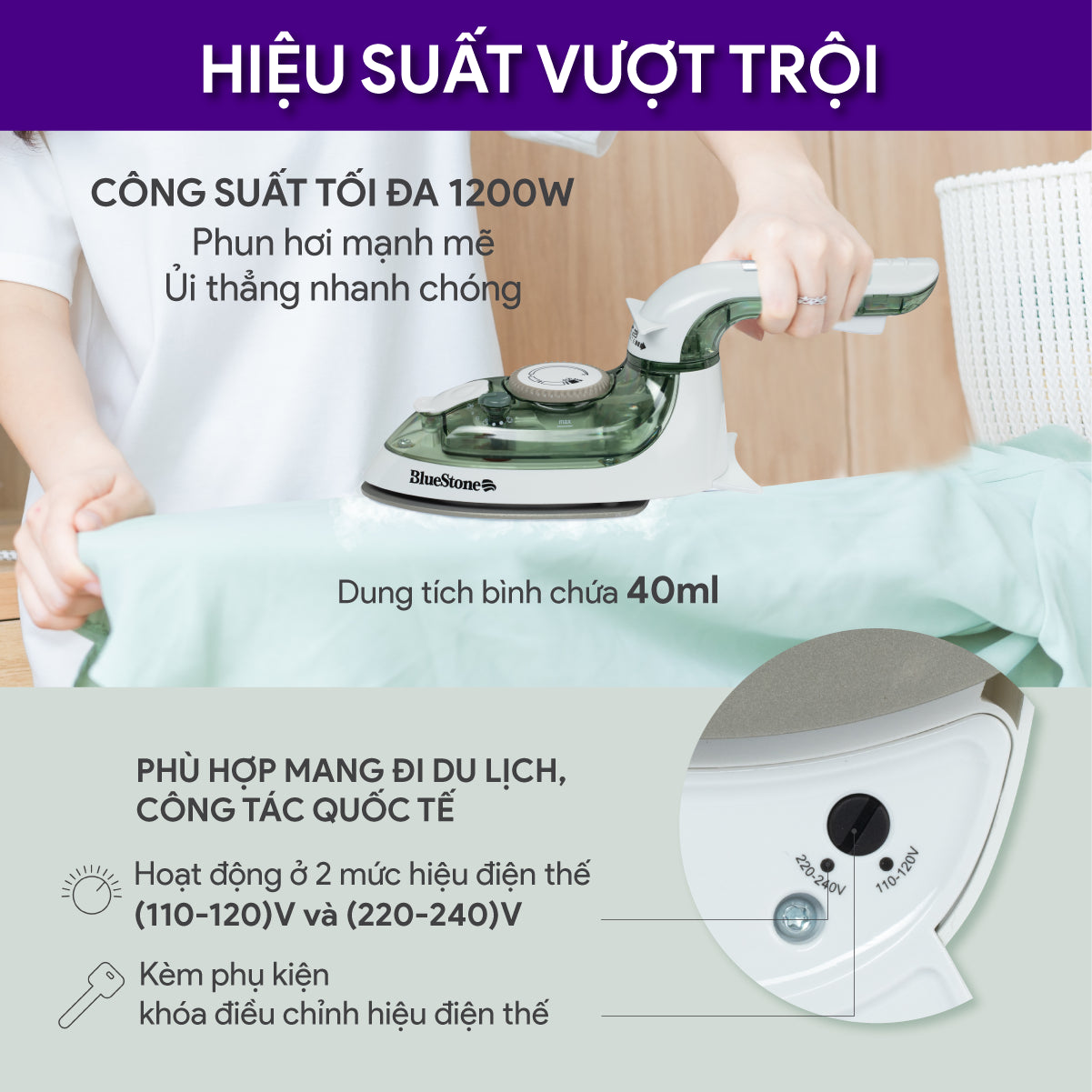 Bàn Ủi Hơi Nước Du Lịch BlueStone SIB-3819 40ml 1000-1200W
