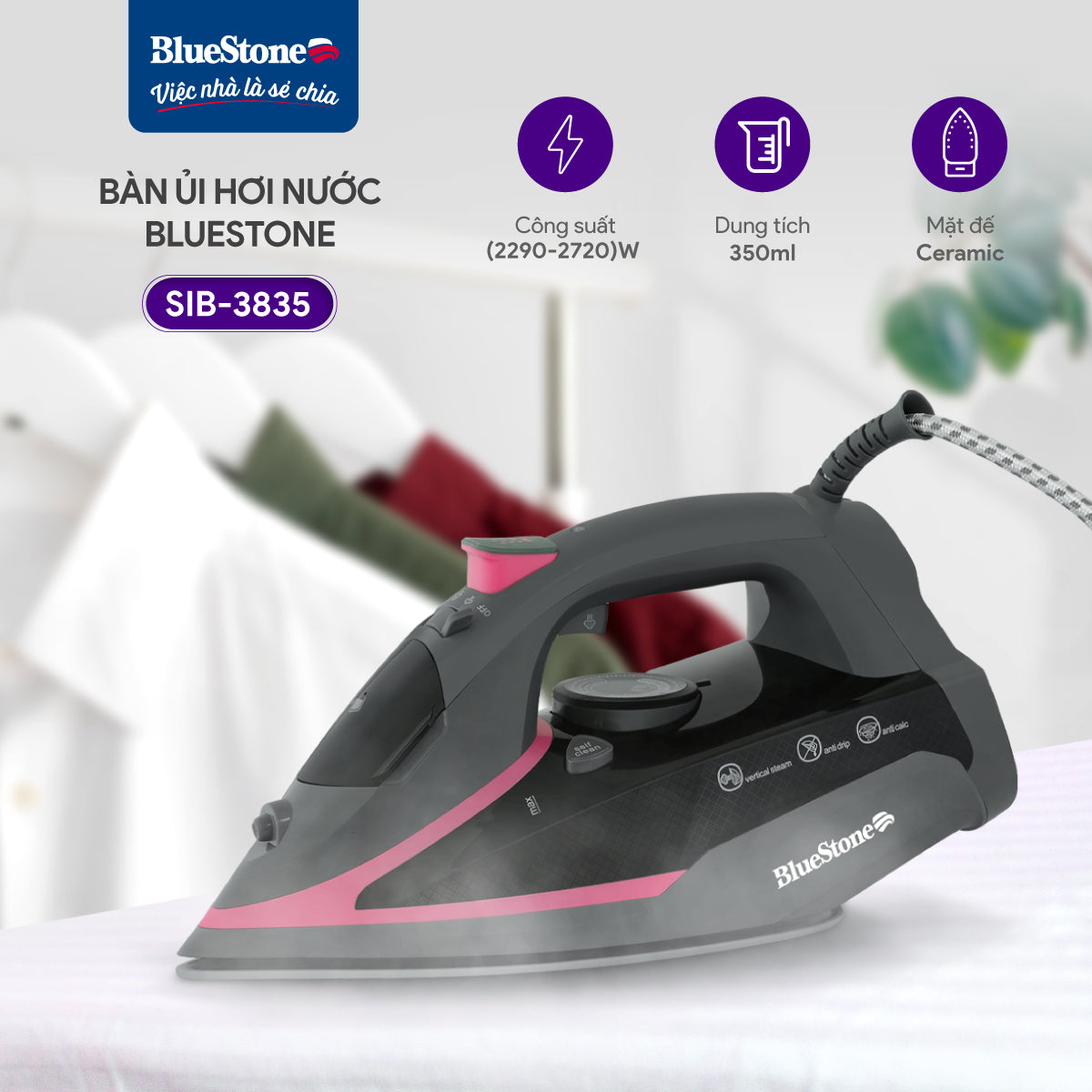Bàn Ủi Hơi Nước BlueStone SIB-3835 350ml 2290-2720W