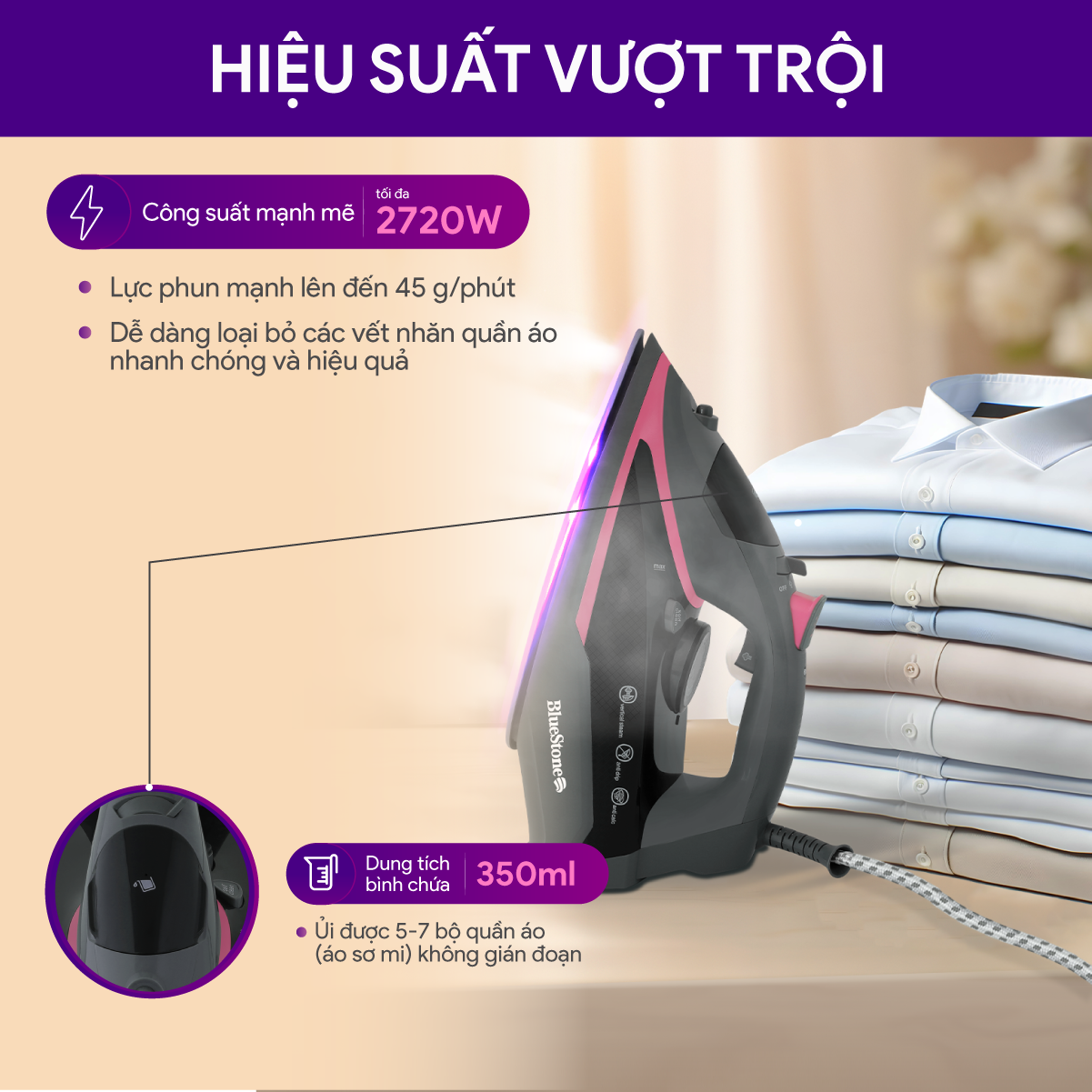 Bàn Ủi Hơi Nước BlueStone SIB-3835 350ml 2290-2720W