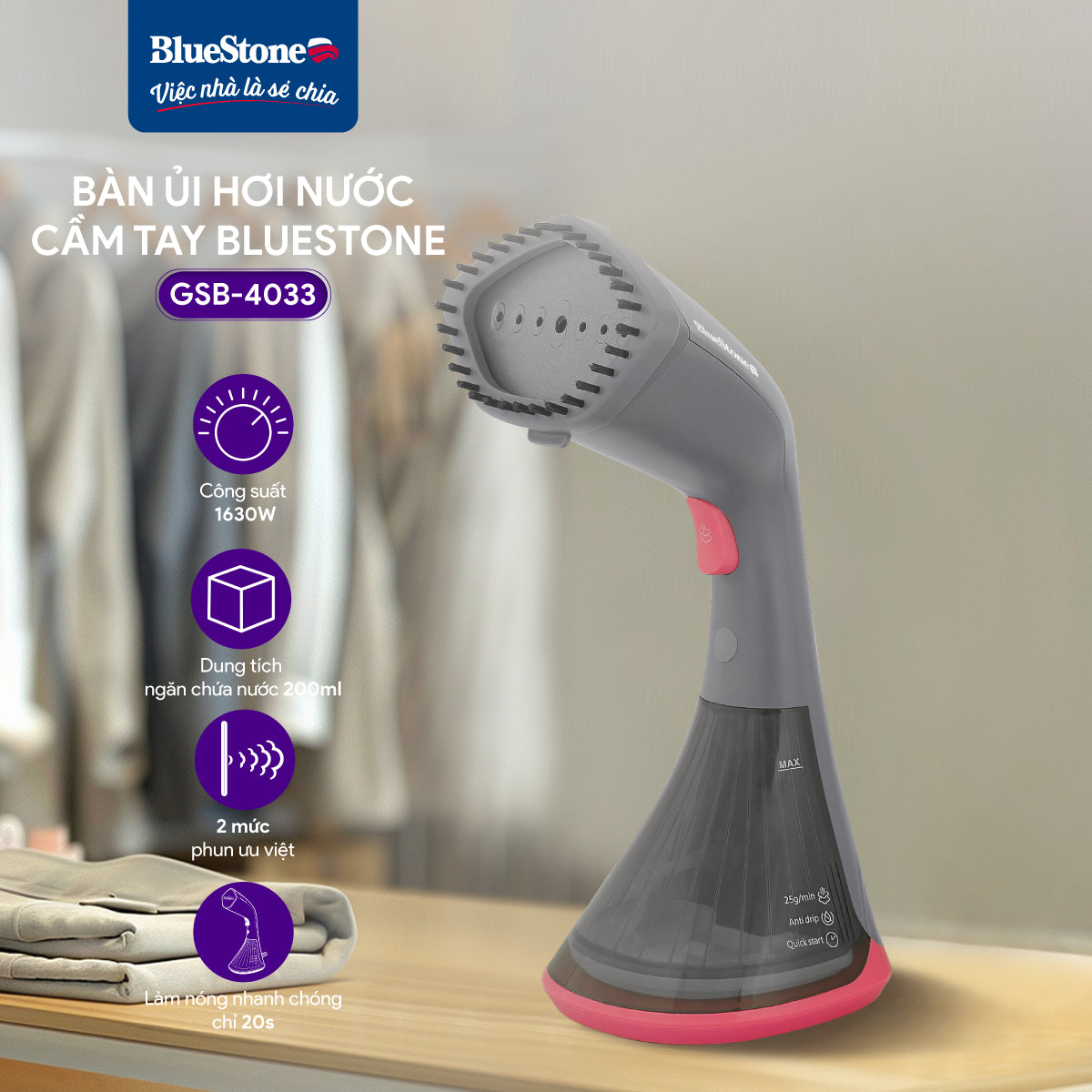 Bàn Ủi Hơi Nước Cầm Tay BlueStone GSB-4033 1370-1630W