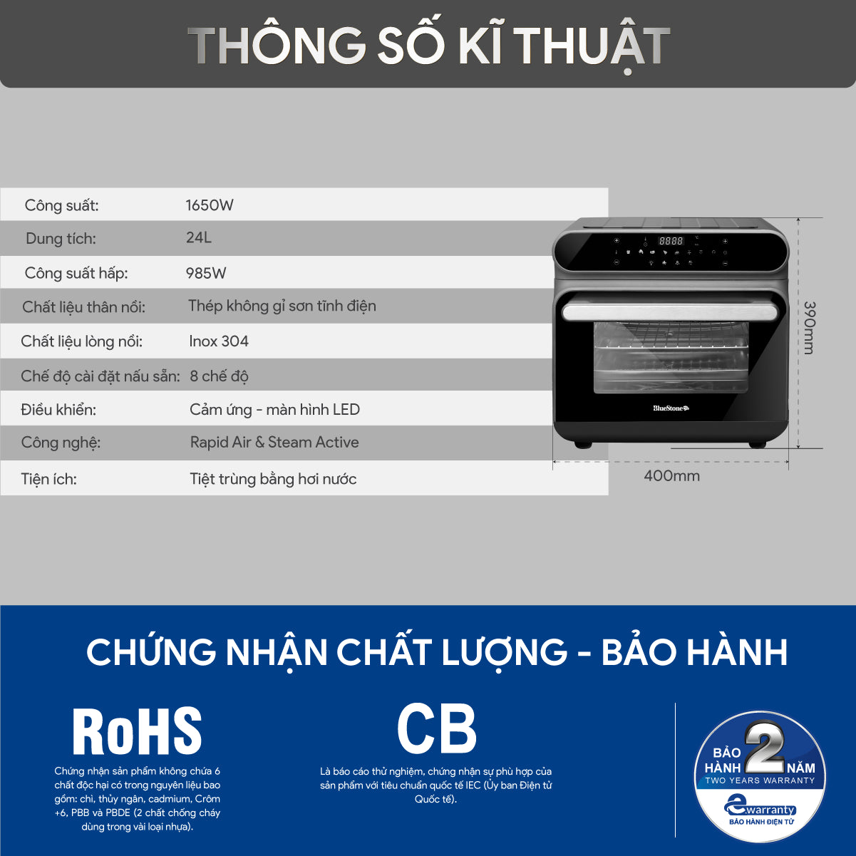 Nồi Chiên Hơi Nước BlueStone AFB-5895 24 Lít 1650W