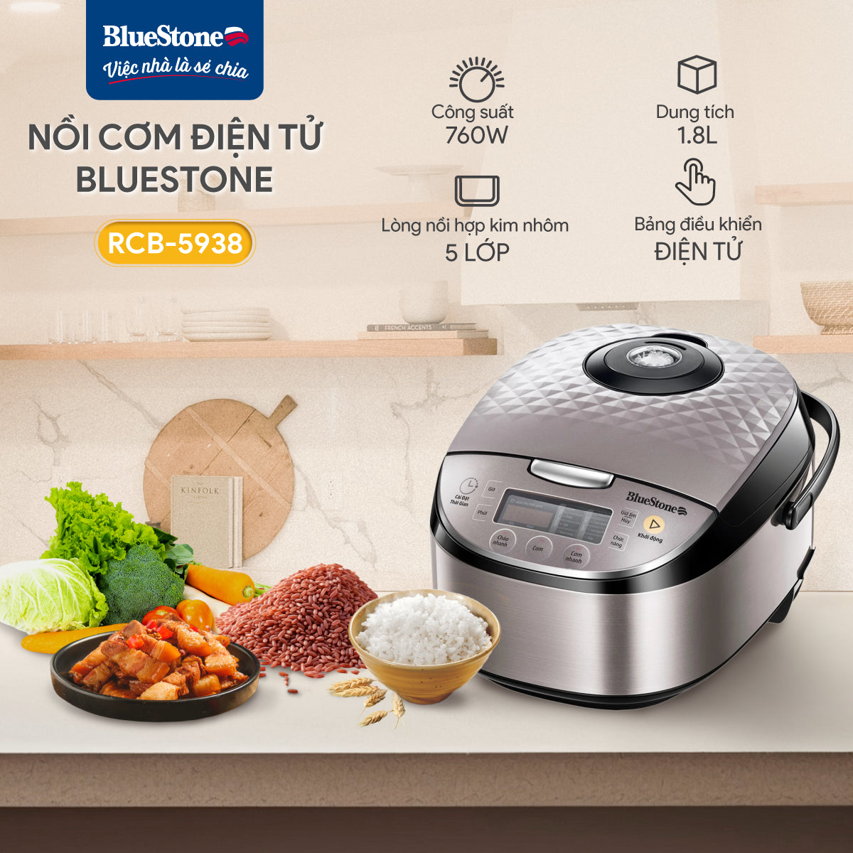 Nồi Cơm Điện Tử BlueStone RCB-5938 1.8 Lít 760W