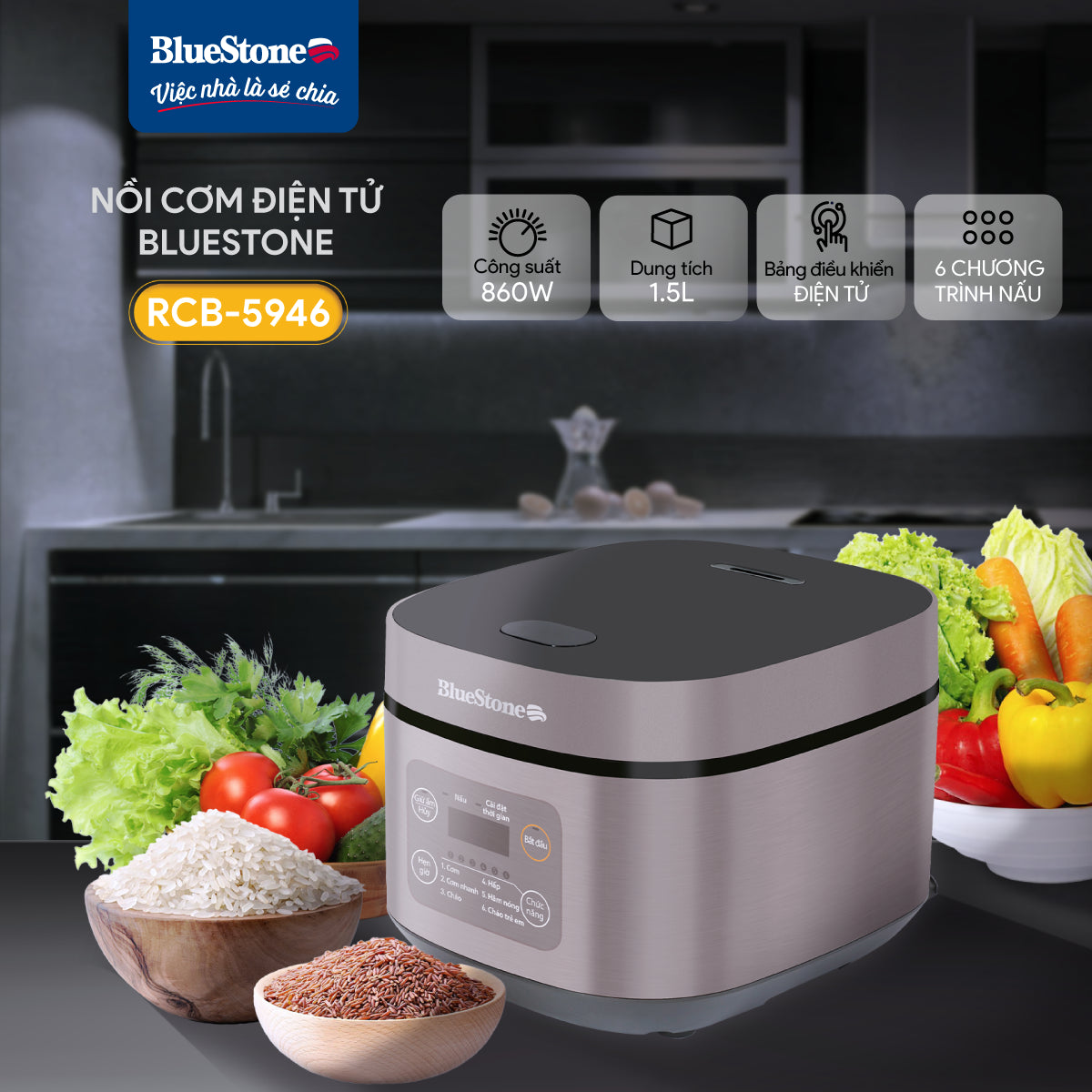 Nồi Cơm Điện Tử BlueStone RCB-5946 1.5 Lít 860W