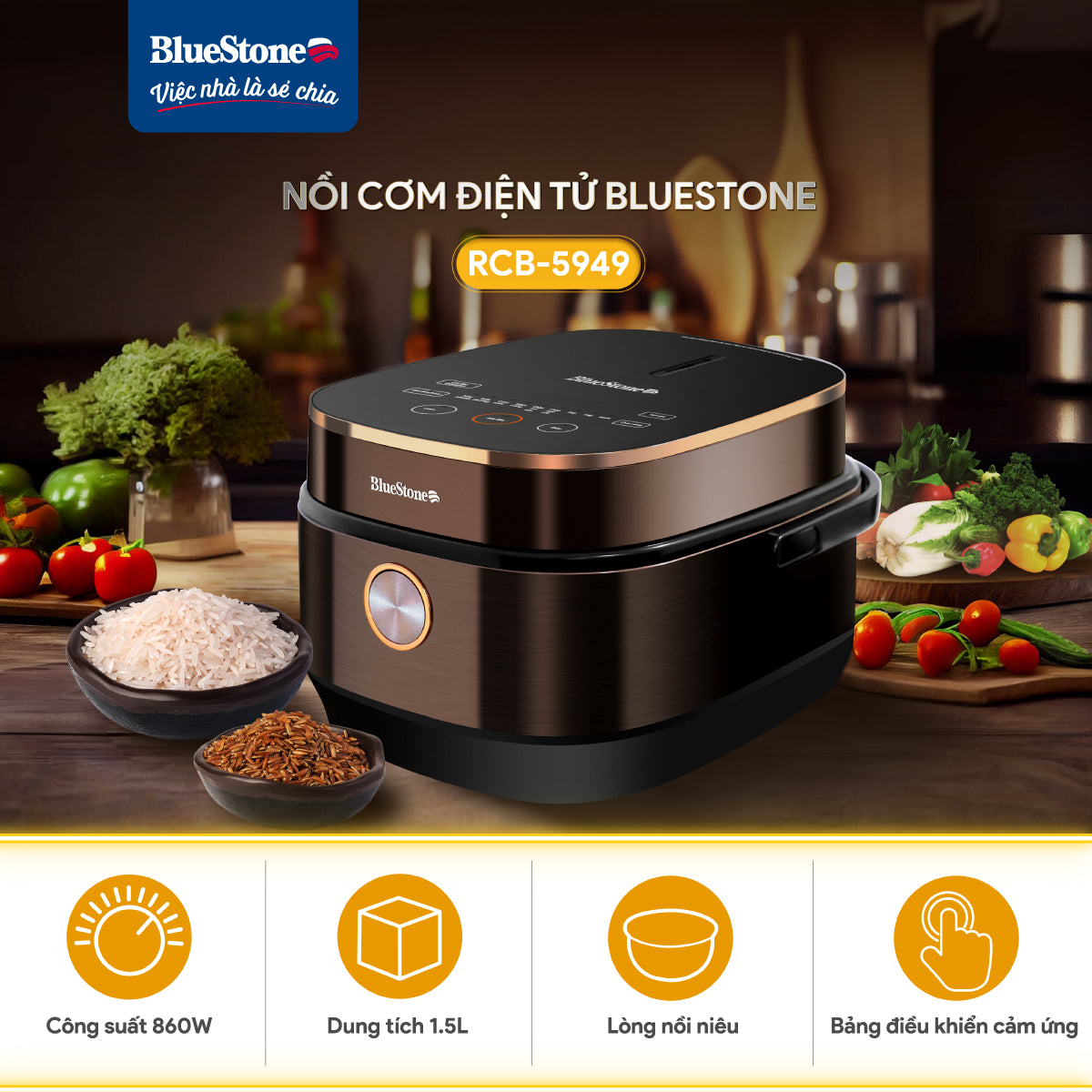 Nồi Cơm Điện Tử BlueStone RCB-5949 1.5 Lít 860W