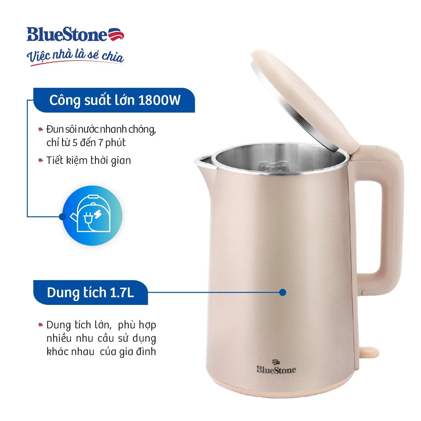 Ấm Đun Siêu Tốc BlueStone KTB-3459 1.7 Lít 1800W