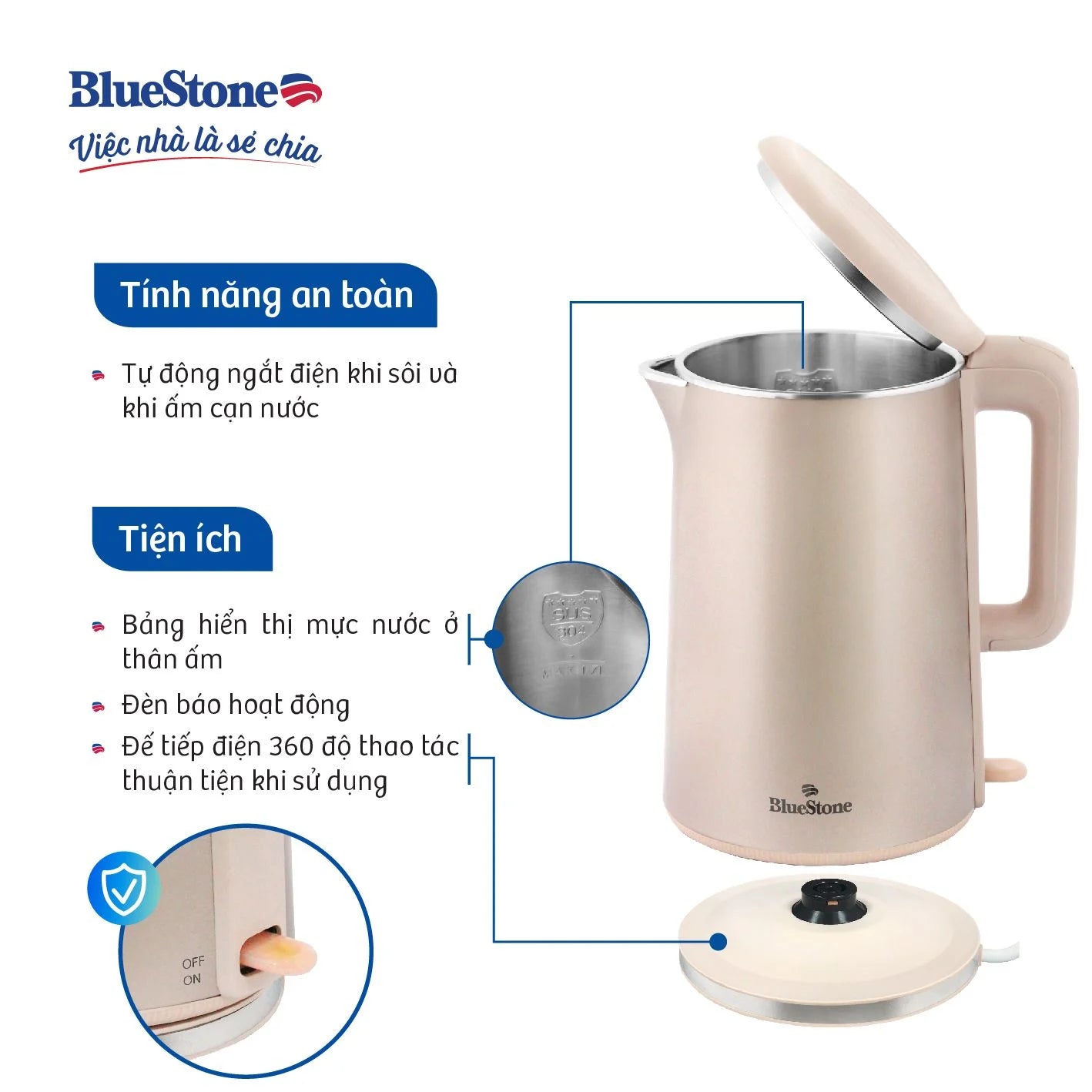 Ấm Đun Siêu Tốc BlueStone KTB-3459 1.7 Lít 1800W