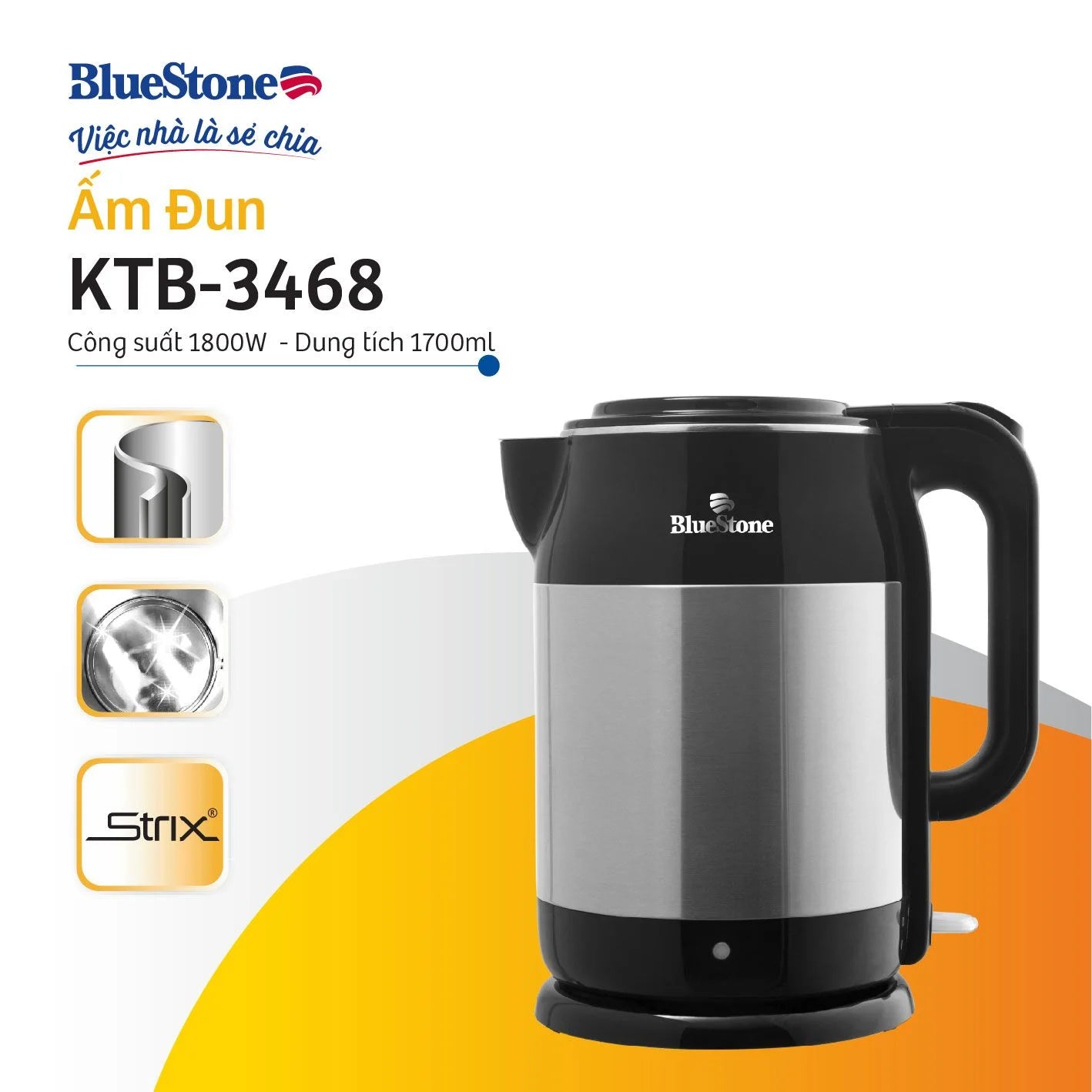 Ấm Đun Siêu Tốc BlueStone KTB-3468 1.7 Lít 1800W