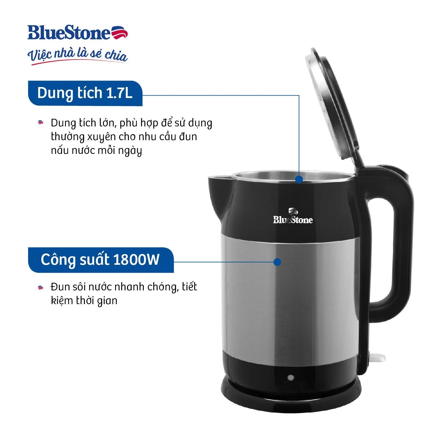Ấm Đun Siêu Tốc BlueStone KTB-3468 1.7 Lít 1800W