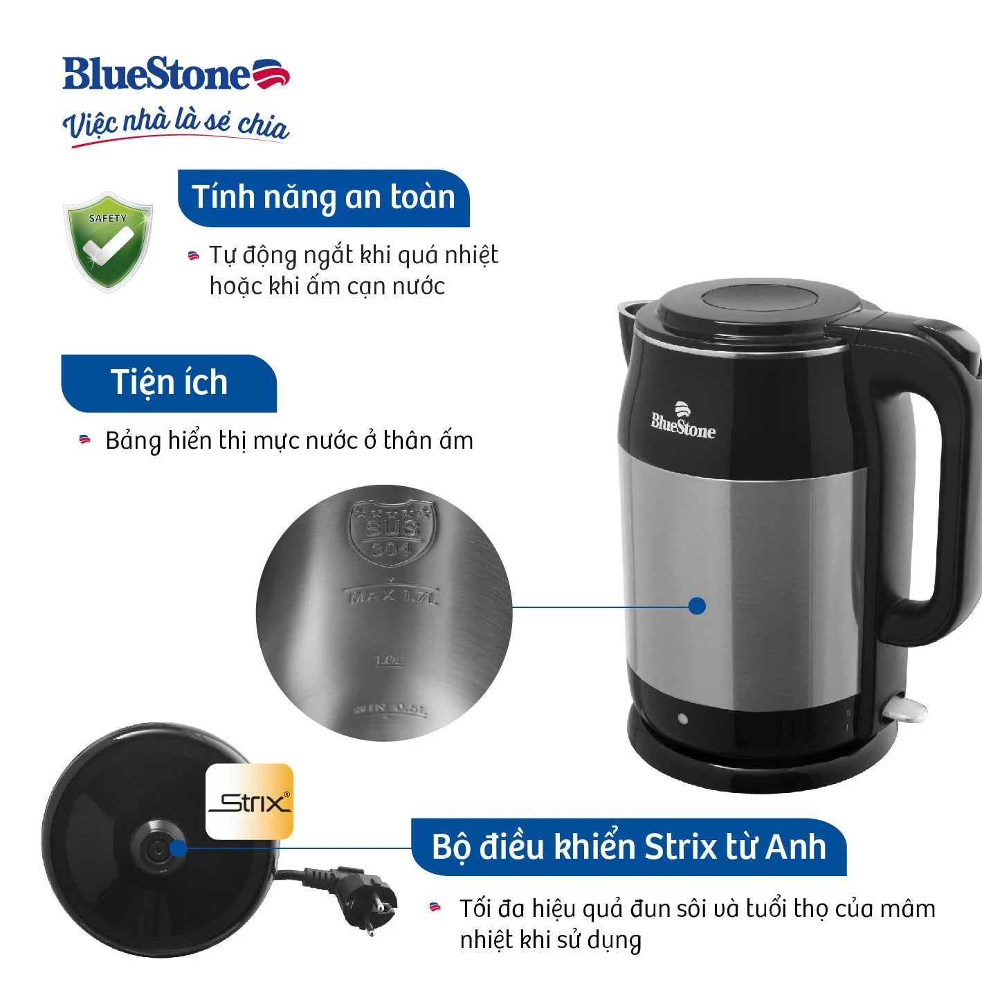 Ấm Đun Siêu Tốc BlueStone KTB-3468 1.7 Lít 1800W