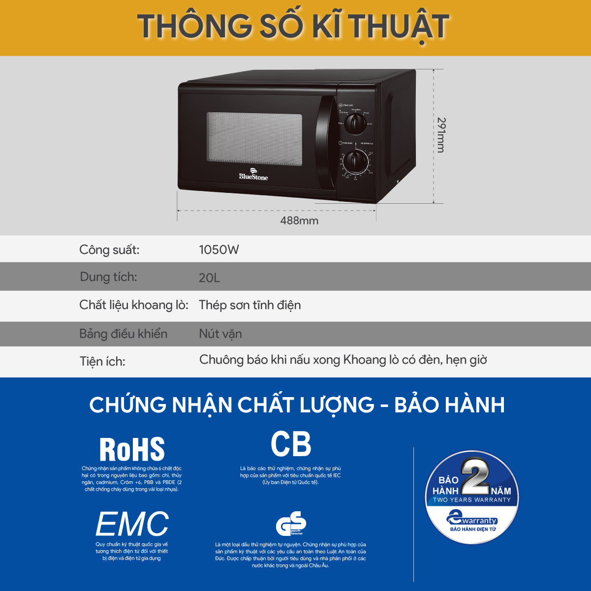 Lò Vi Sóng BlueStone MOB-7708B 20 Lít 1050W
