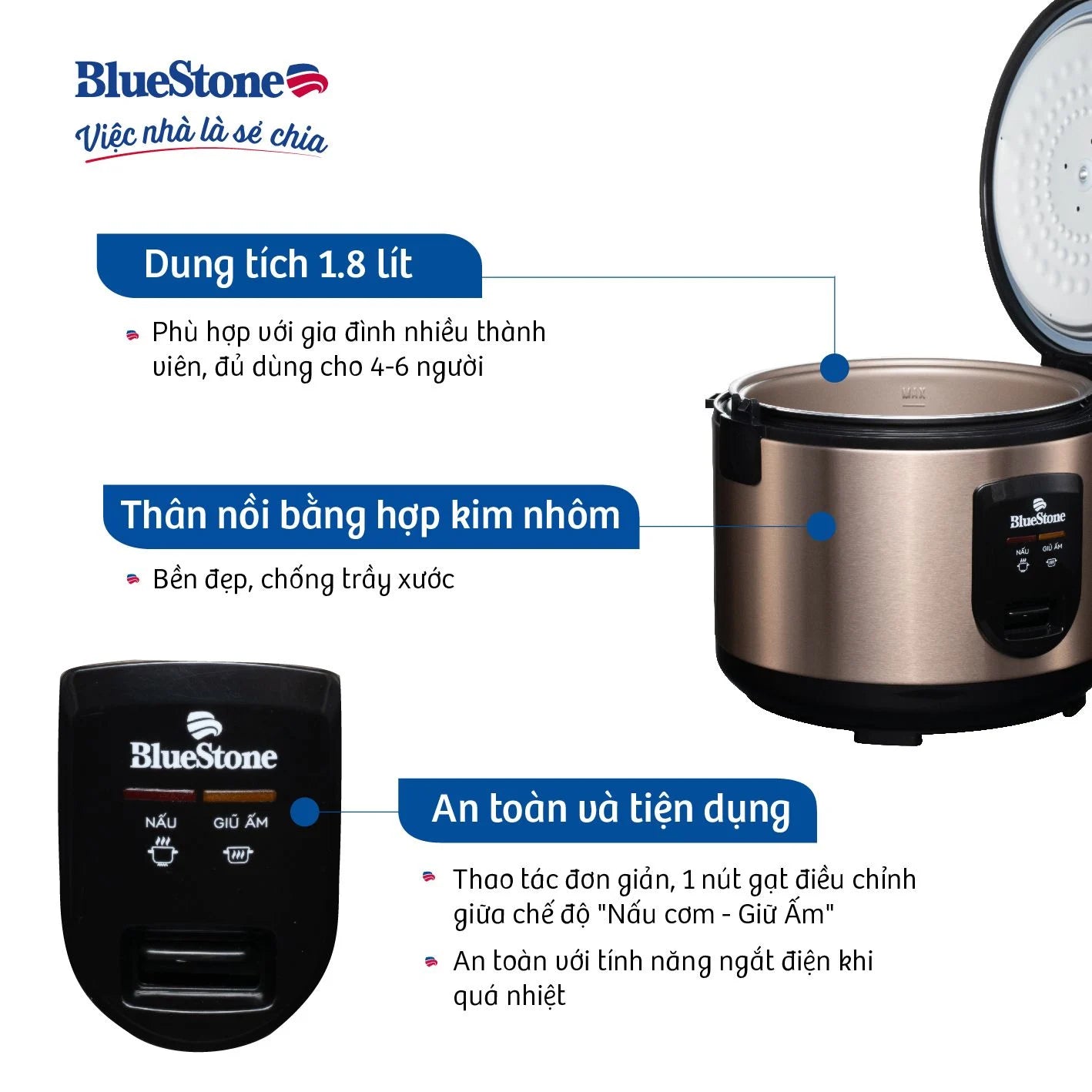 Nồi Cơm Điện Tử Bluestone RCB-5519 700W 1.8 Lít