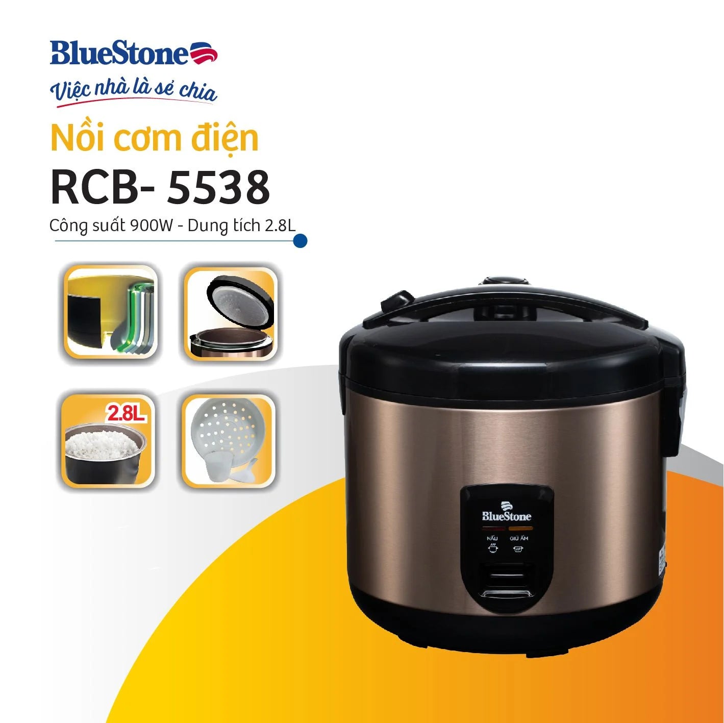 Nồi Cơm Nắp Gài BlueStone RCB-5538 2.8 Lít 900W