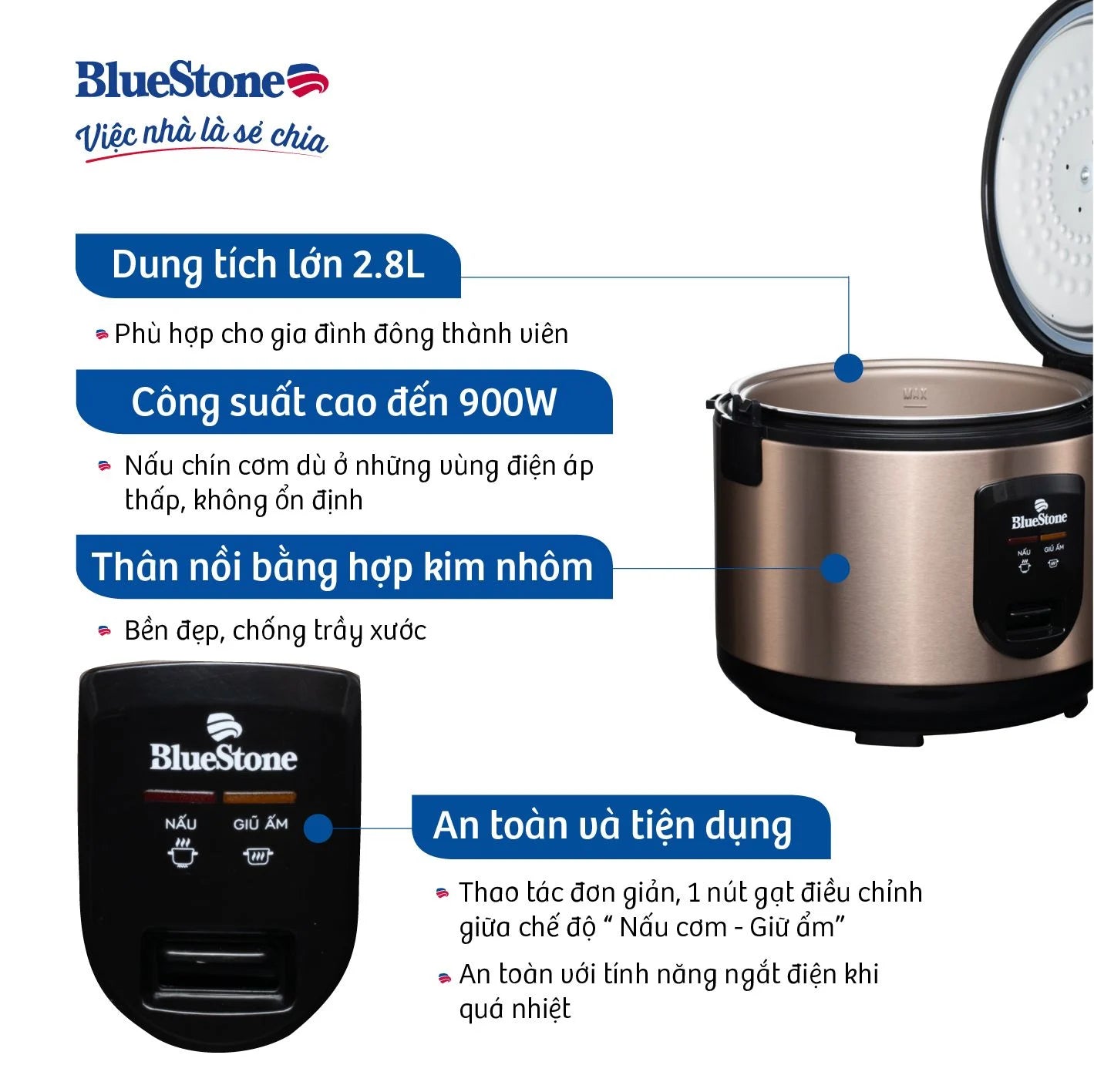 Nồi Cơm Nắp Gài BlueStone RCB-5538 2.8 Lít 900W