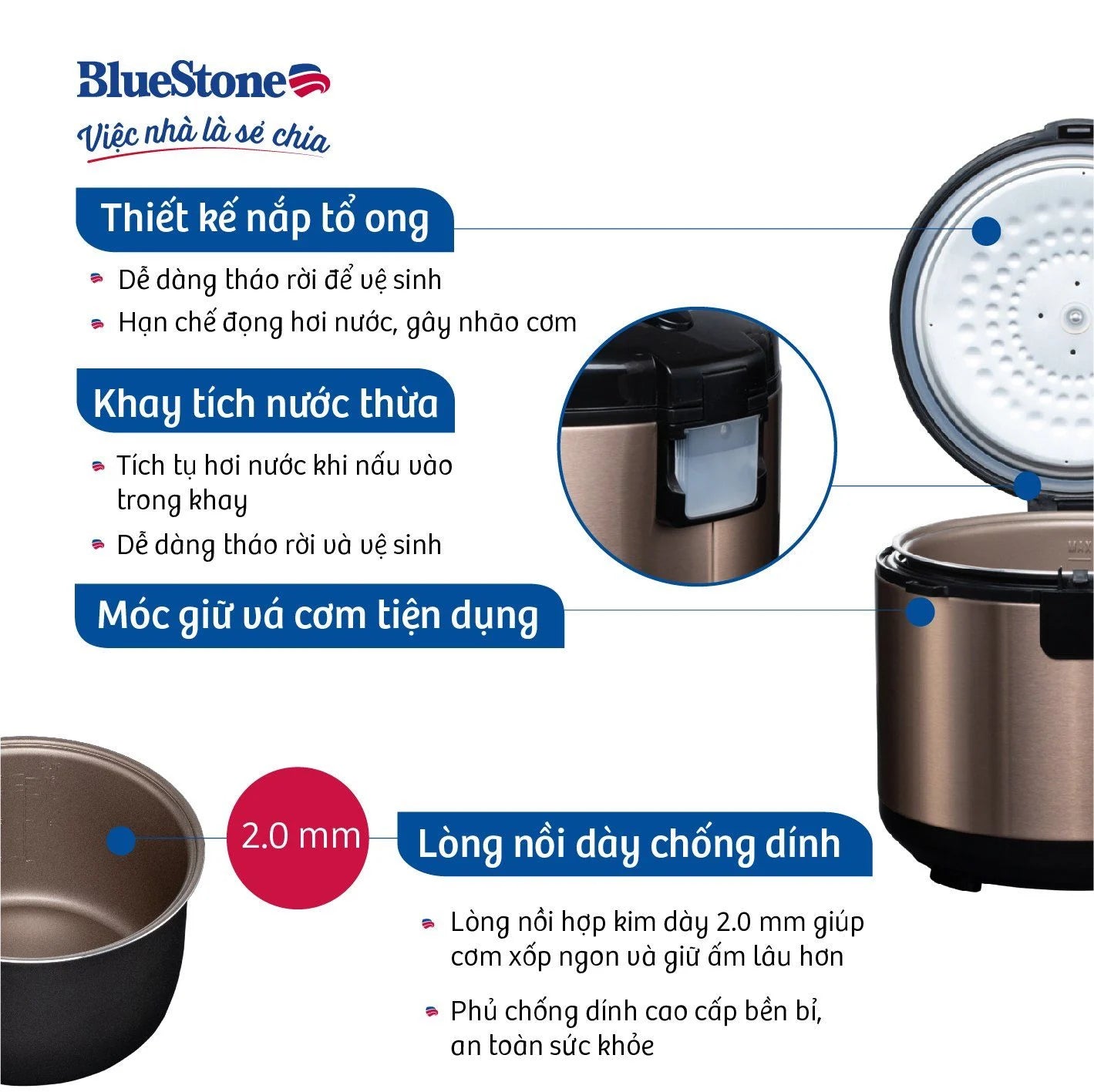 Nồi Cơm Nắp Gài BlueStone RCB-5538 2.8 Lít 900W