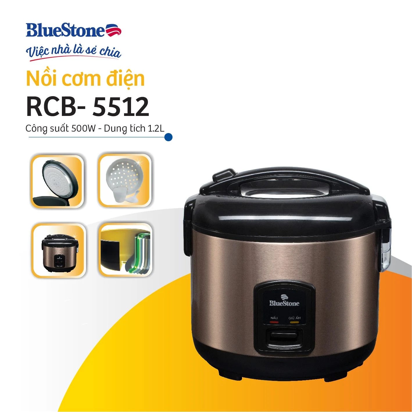 Nồi Cơm Điện Nắp Gài BlueStone RCB-5512 500W 1.2 Lít