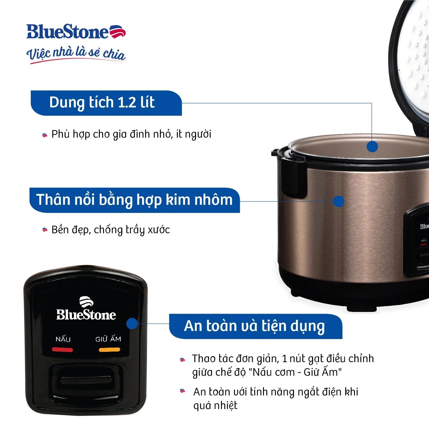 Nồi Cơm Điện Nắp Gài BlueStone RCB-5512 500W 1.2 Lít